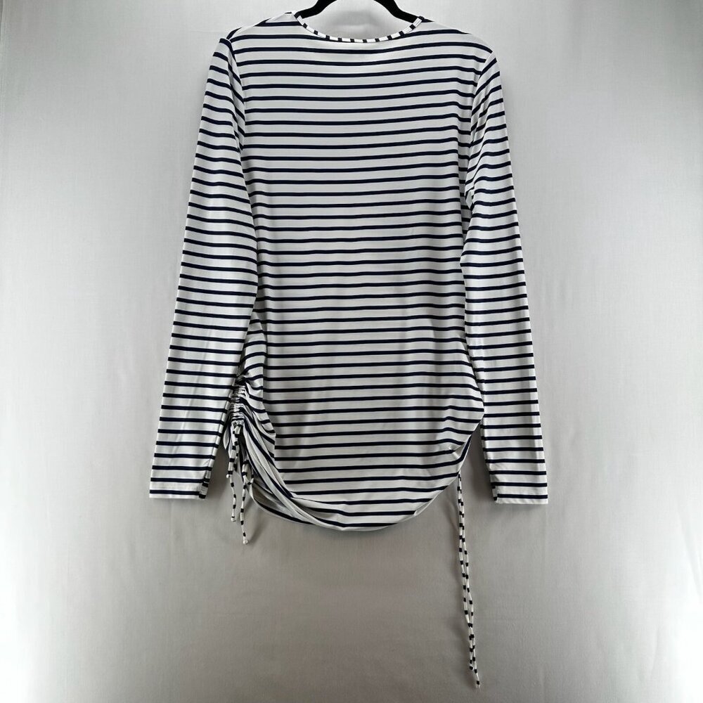 Lands End Top Women L Pullover Long Sleeve Cinched Drawstring Stripe White Black - Picture 2 of 11